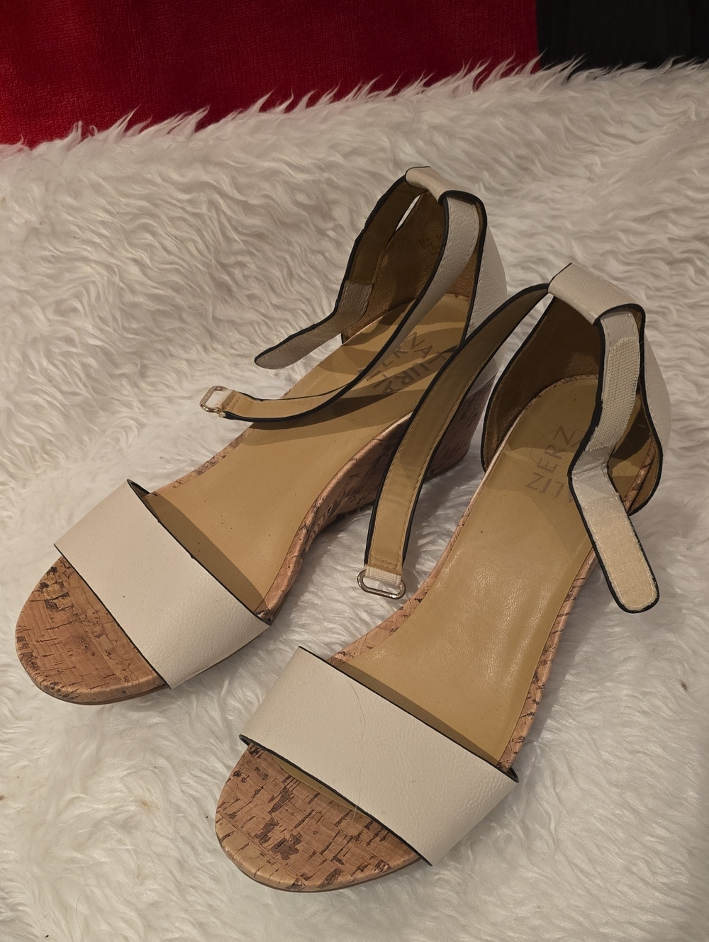 Naturalizer Cream Open-Toe Cork Wedge Sandals with Ankle Strap